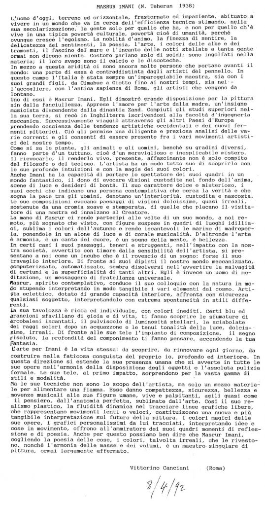Masrur Imani - Recensione di Vittorino Canciani, Roma - 1992